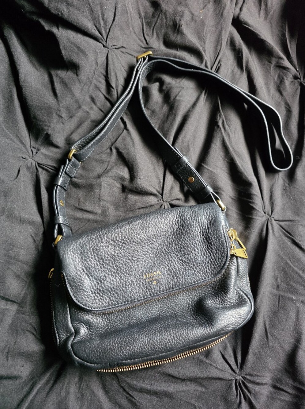 Fossil Black Pebbled Genuine Leather Preston Crossbody Bag